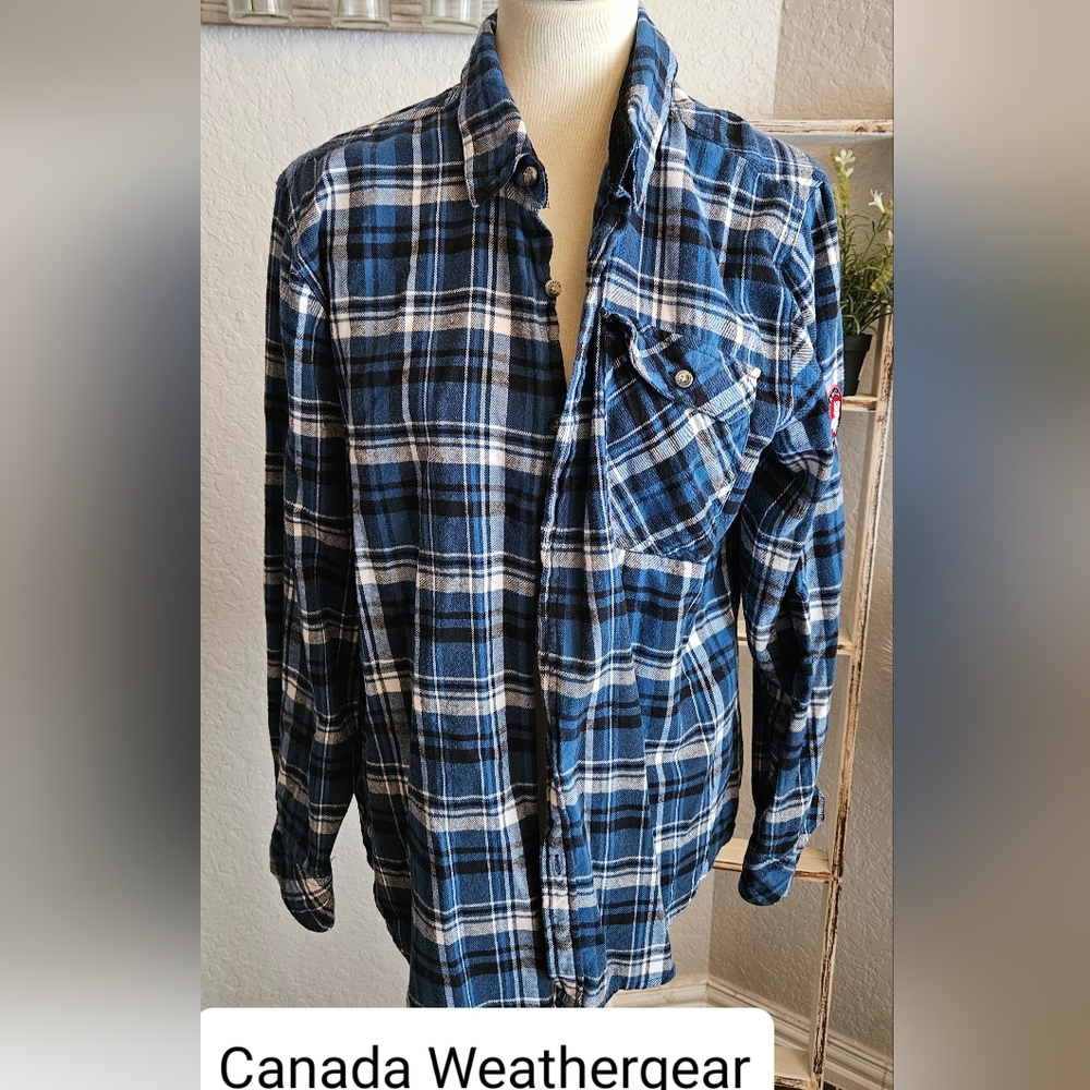 CANADA Weather Gear Men's Blue Plaid Flannel Sz L Gorpcore 90s Grunge Cabin Core